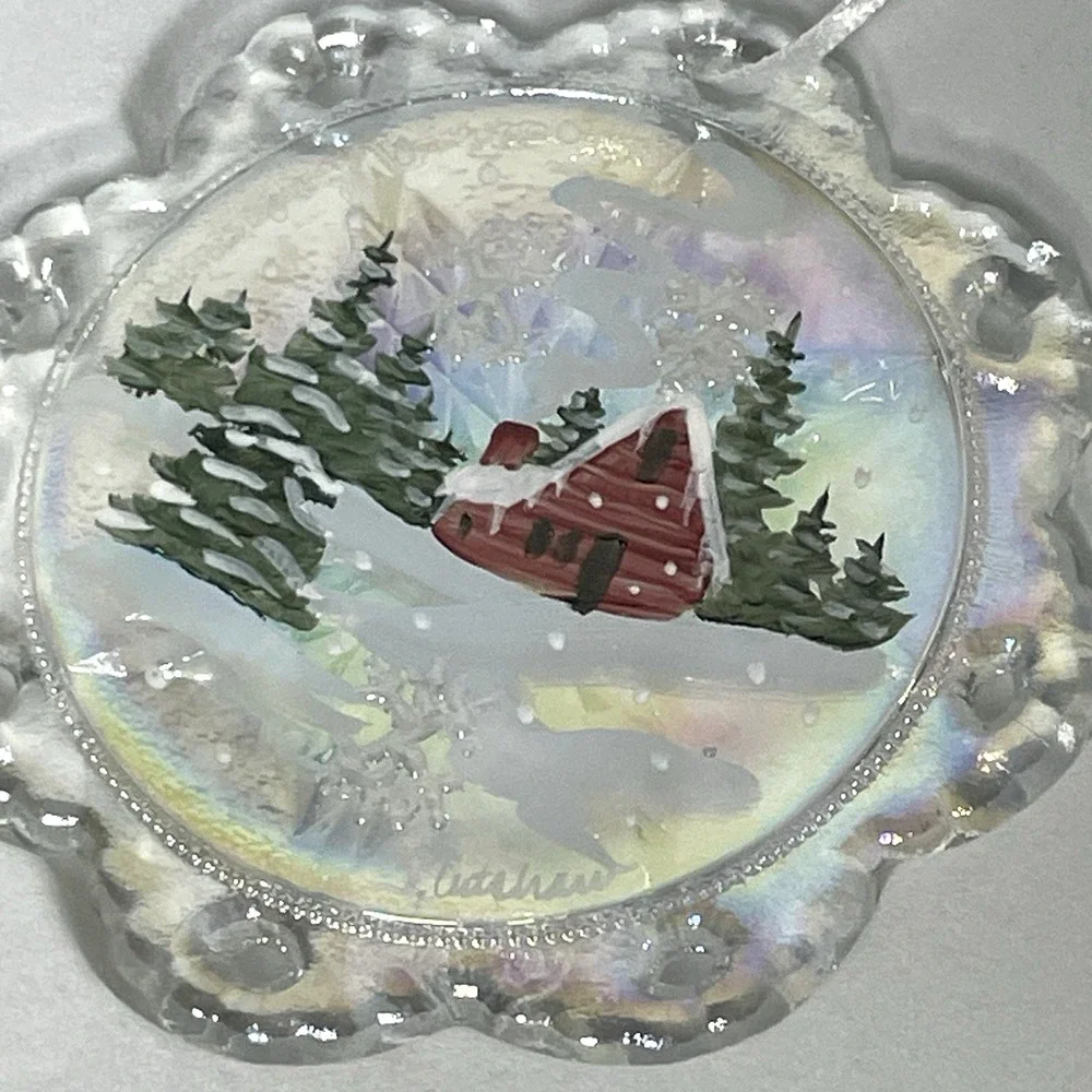 Vintage Fenton Snowflake Opalescent Glass Christmas Ornament Signed Hand Painted